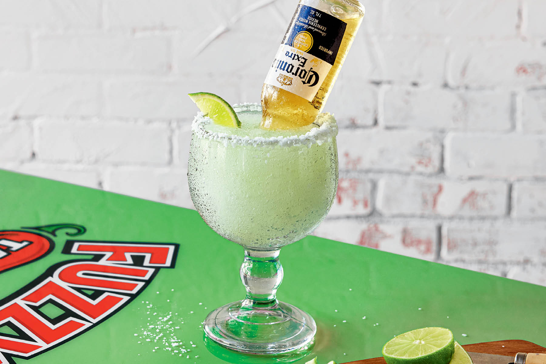 Frozen margarita with a corona beer on top